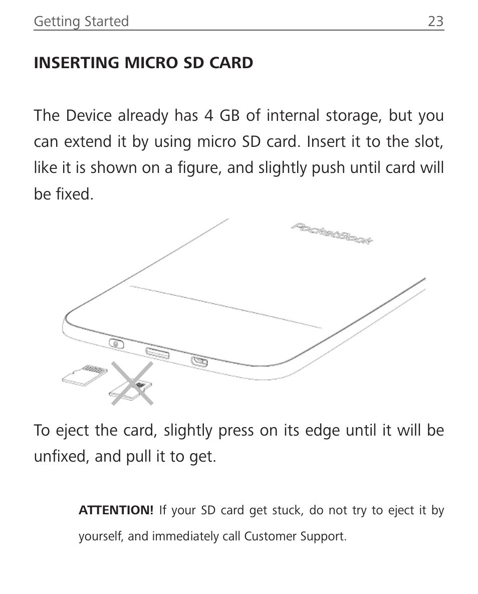 Inserting micro sd card | PocketBook Touch Lux 2 User Manual | Page 23 / 95