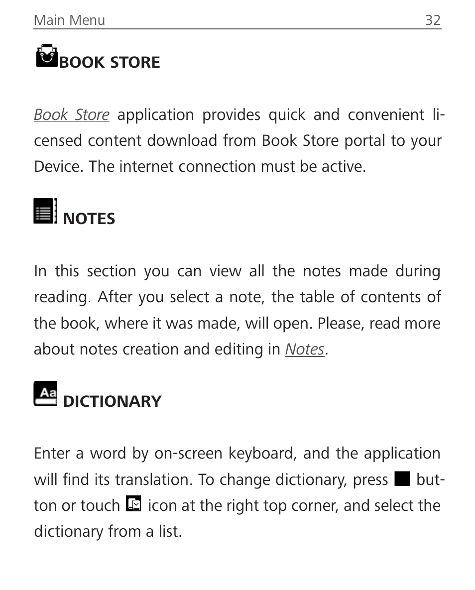 Book store, Notes, Dictionary | Notes 32 dictionary 32 | PocketBook Touch Lux 2 User Manual | Page 32 / 95