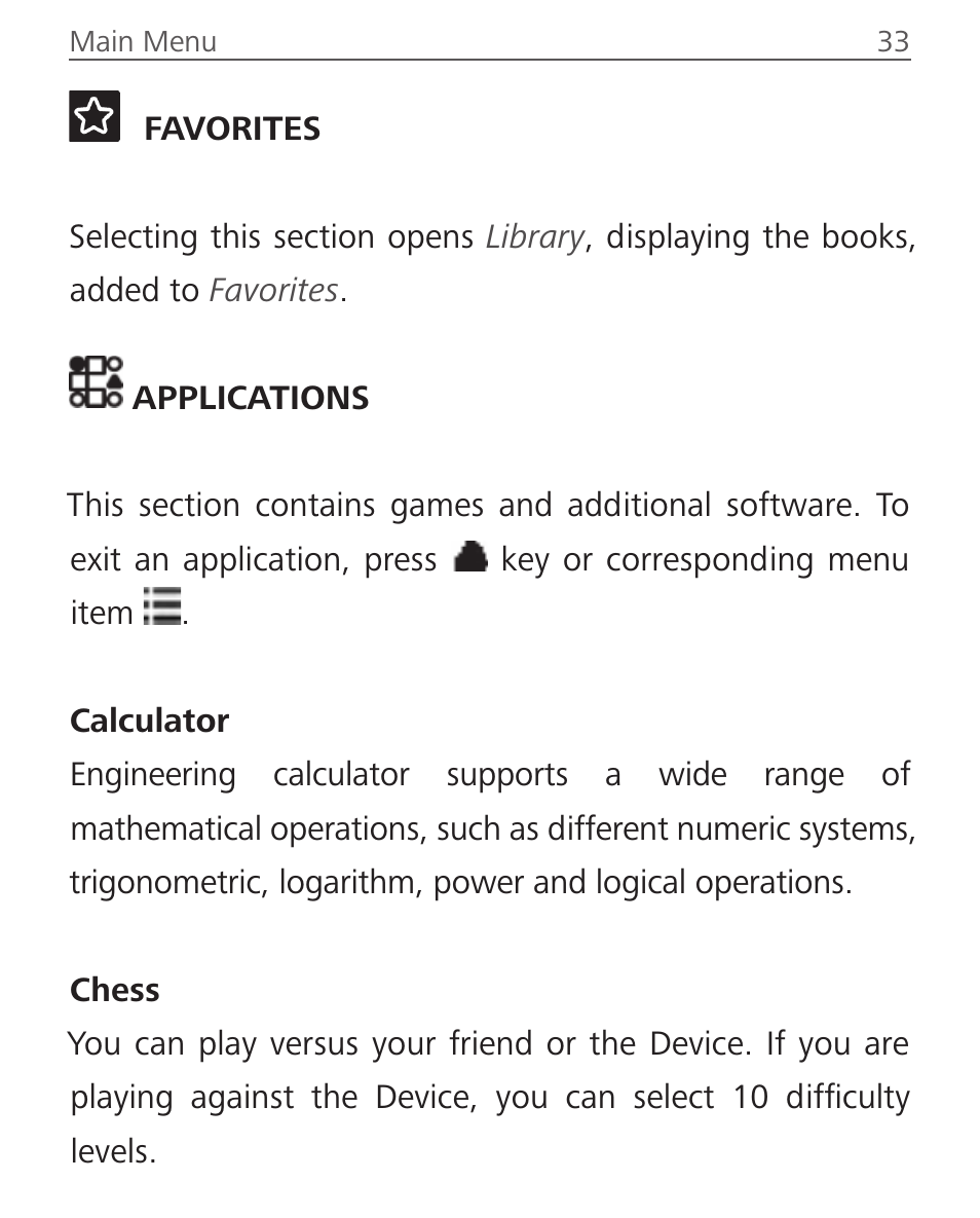Favorites, Applications, Calculator | Chess, Favorites 33 applications 33, Calculator 33 chess 33 | PocketBook Touch Lux 2 User Manual | Page 33 / 95