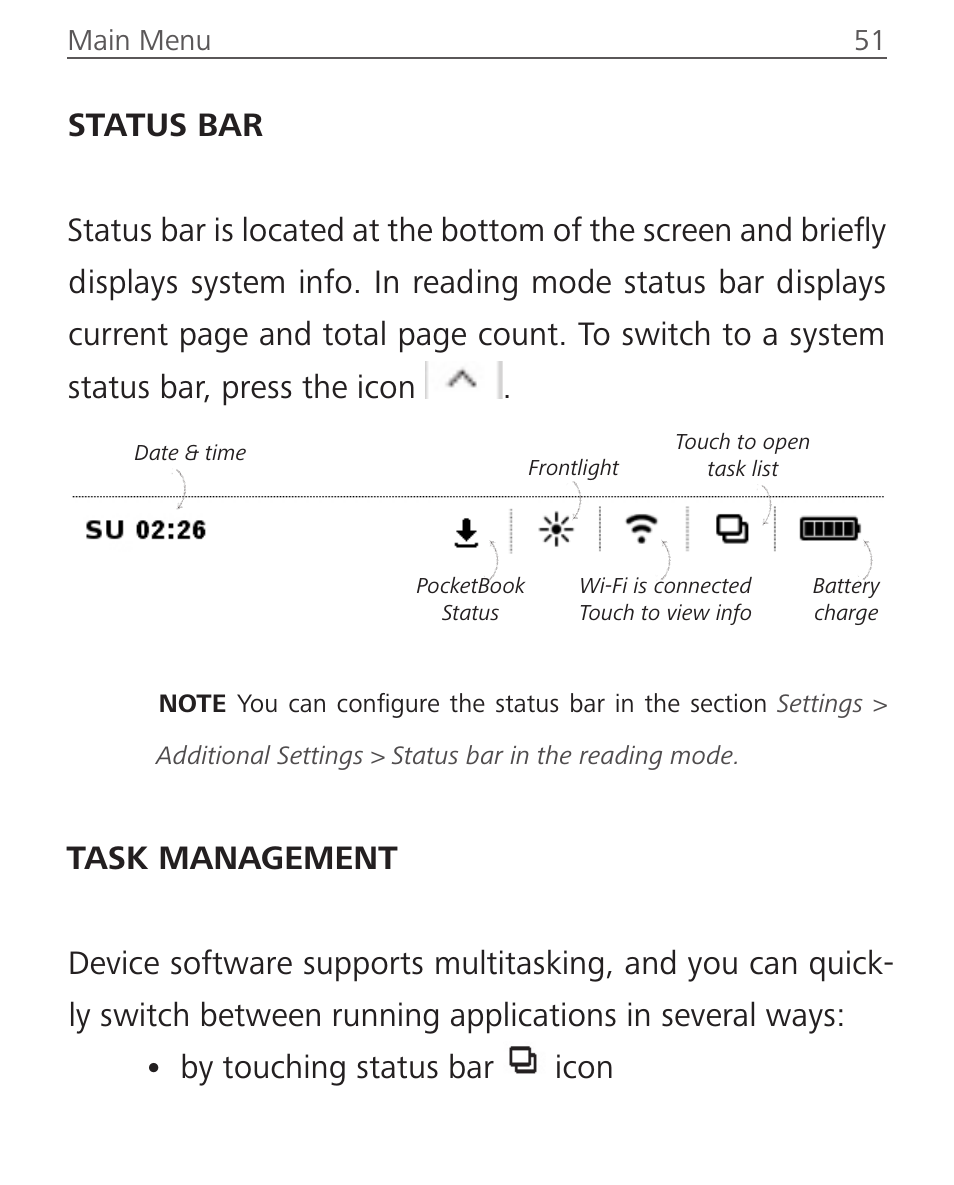 Status bar, Task management | PocketBook Touch Lux 2 User Manual | Page 51 / 95