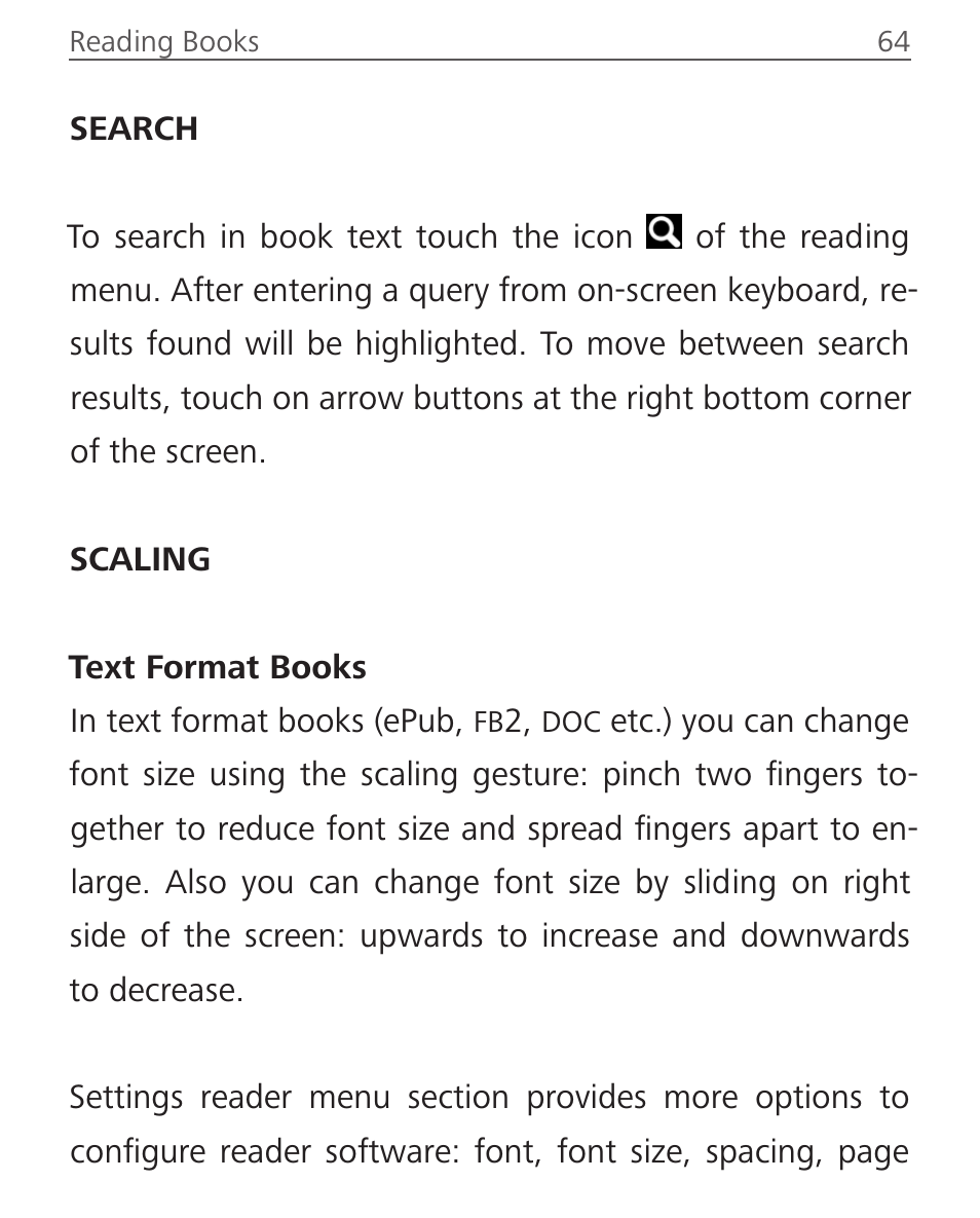 Search, Scaling, Text format books | Search 64 scaling 64 | PocketBook Touch Lux 2 User Manual | Page 64 / 95