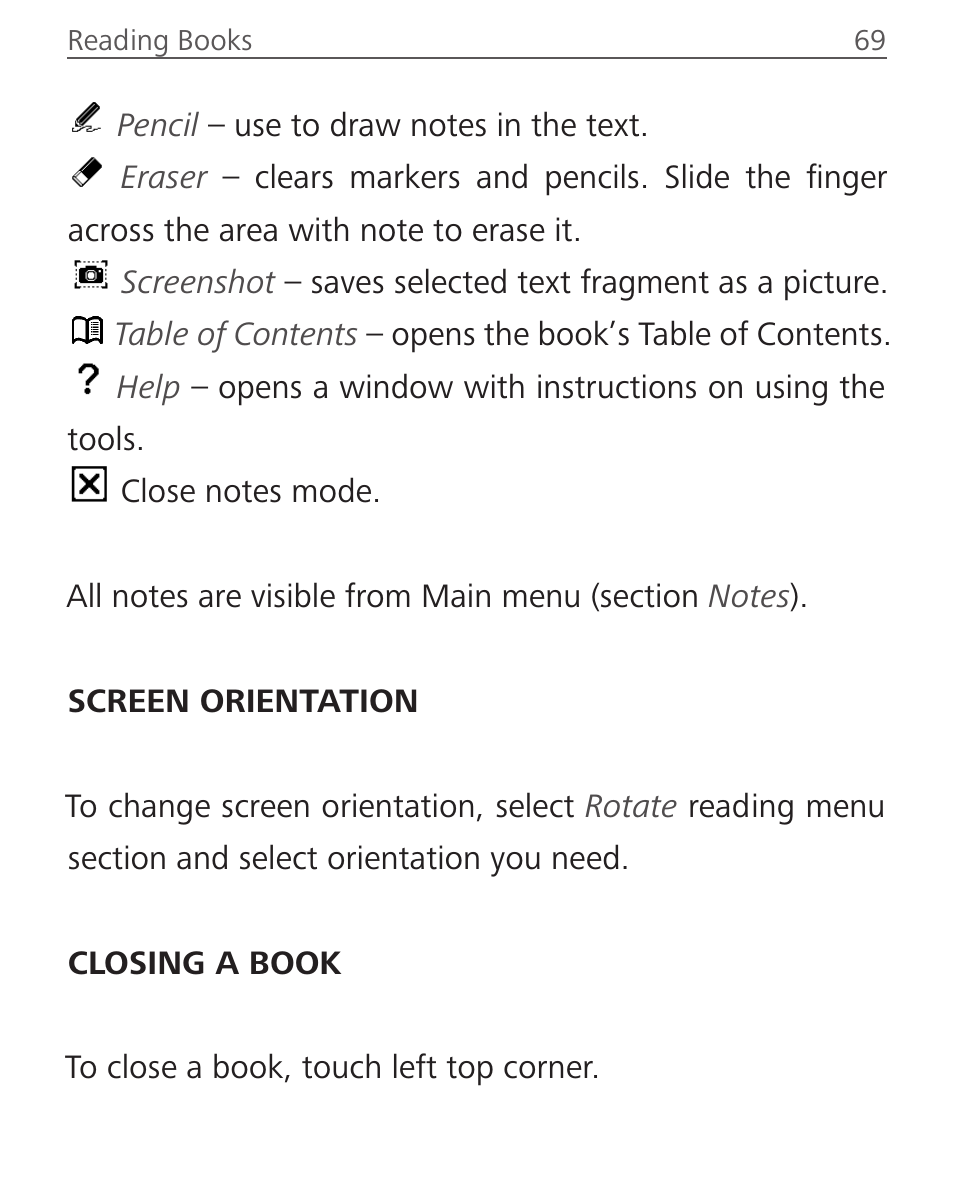 Screen orientation, Closing a book | PocketBook Touch Lux 2 User Manual | Page 69 / 95