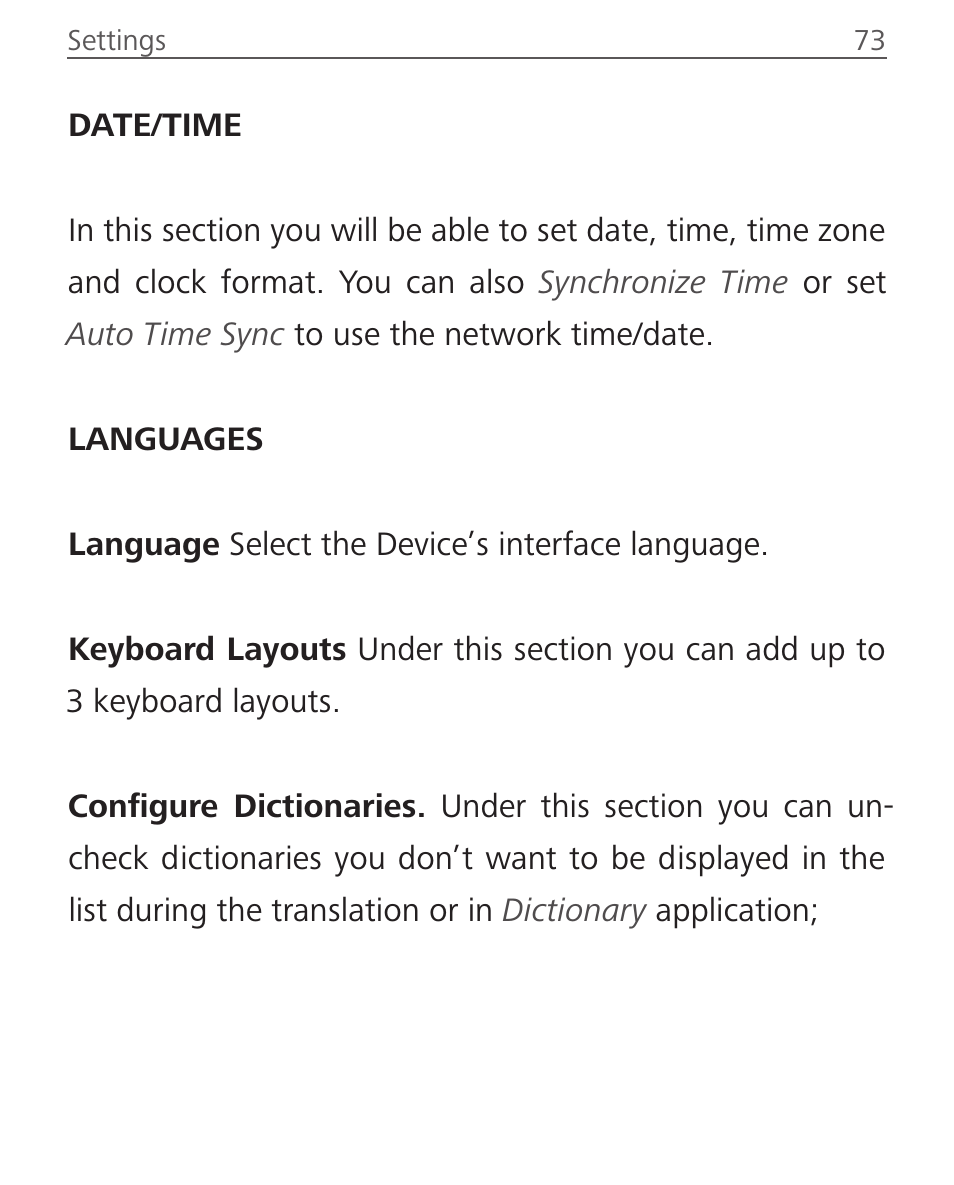 Date/time, Languages, Date/time 73 languages 73 | PocketBook Touch Lux 2 User Manual | Page 73 / 95