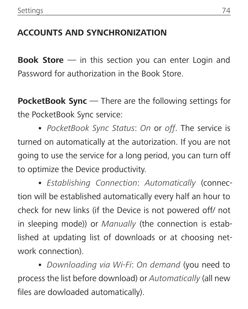 Accounts and synchronization | PocketBook Touch Lux 2 User Manual | Page 74 / 95