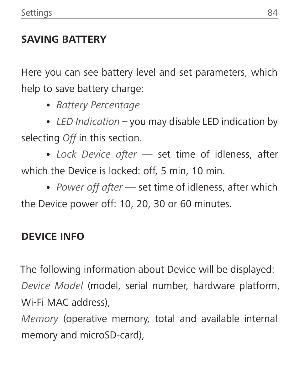 Saving battery, Device info | PocketBook Touch Lux 2 User Manual | Page 84 / 95
