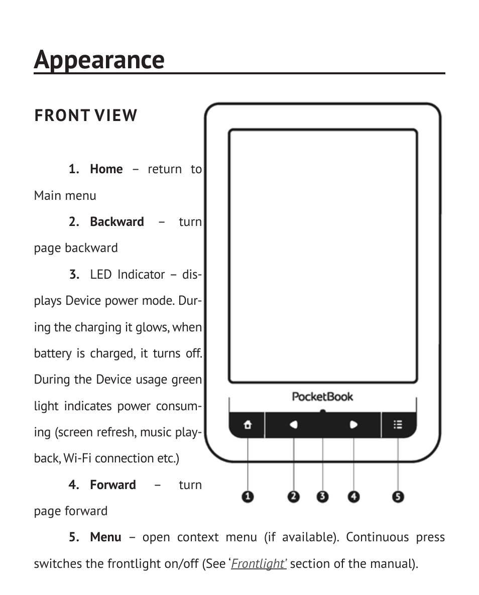 Appearance, Front view | PocketBook Touch Lux User Manual | Page 11 / 101