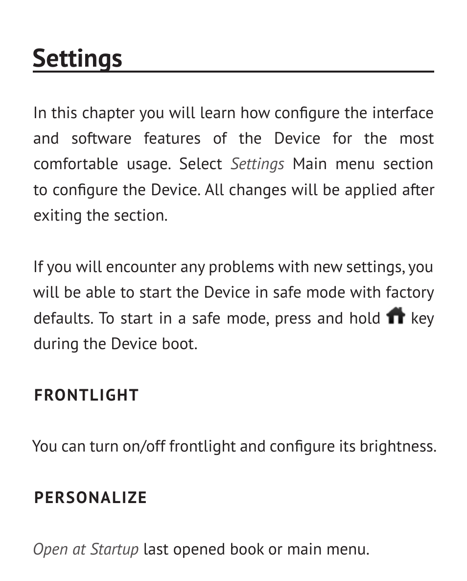 Settings, Frontlight, Personalize | Frontlight 75 personalize 75 | PocketBook Touch Lux User Manual | Page 75 / 101