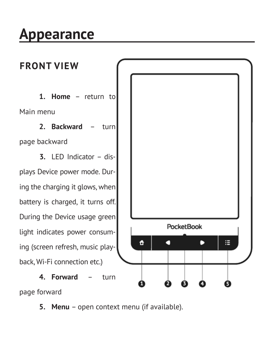 Appearance, Front view | PocketBook Touch User Manual | Page 11 / 101