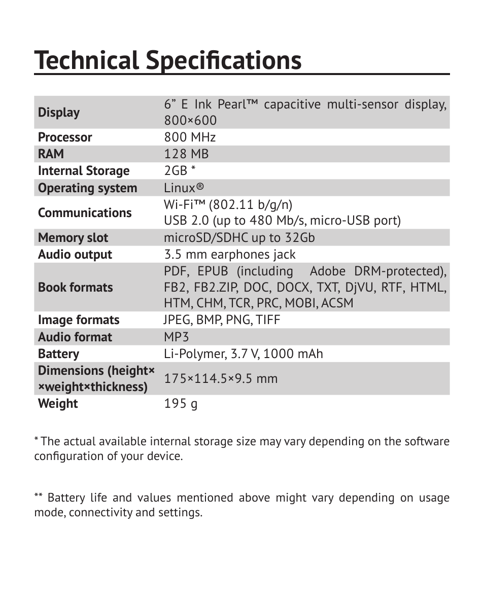 Technical specifications | PocketBook Touch User Manual | Page 13 / 101