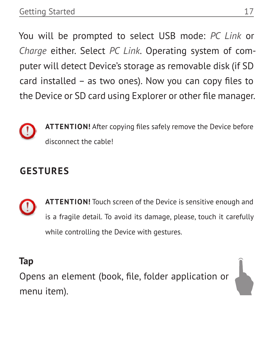 Gestures, Gestures 17 | PocketBook Touch User Manual | Page 17 / 101