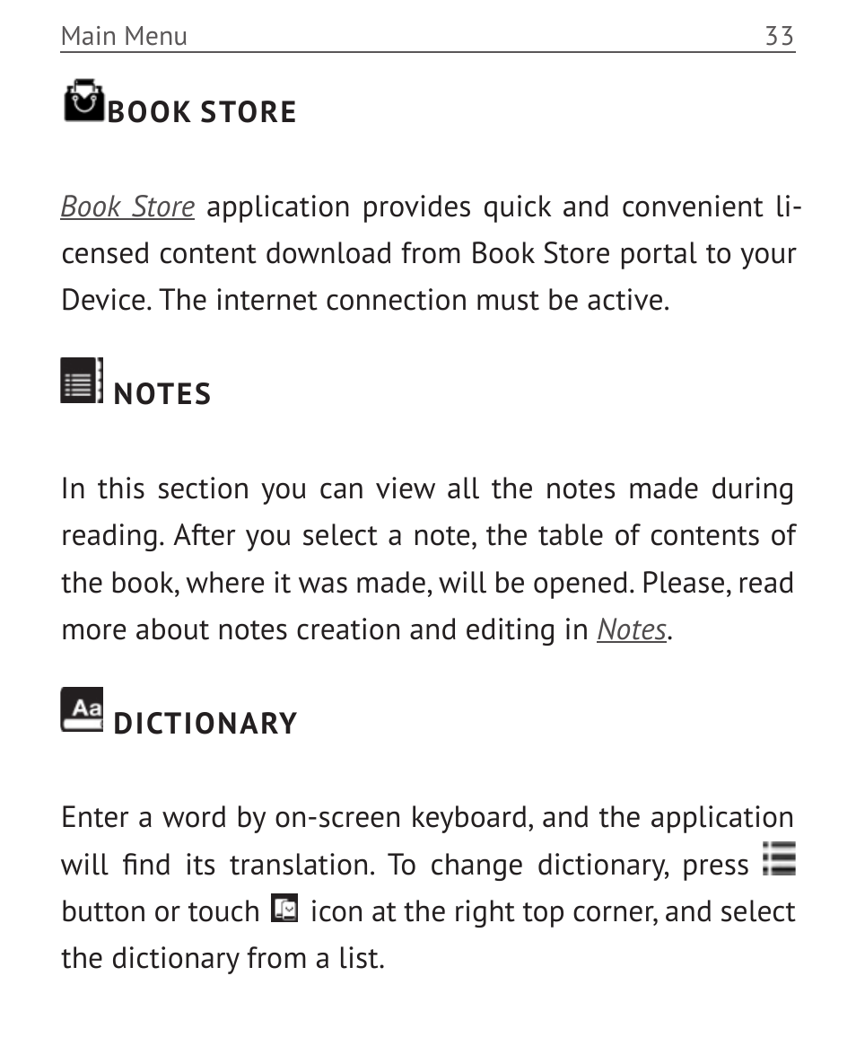 Book store, Notes, Dictionary | Notes 33 dictionary 33 | PocketBook Touch User Manual | Page 33 / 101