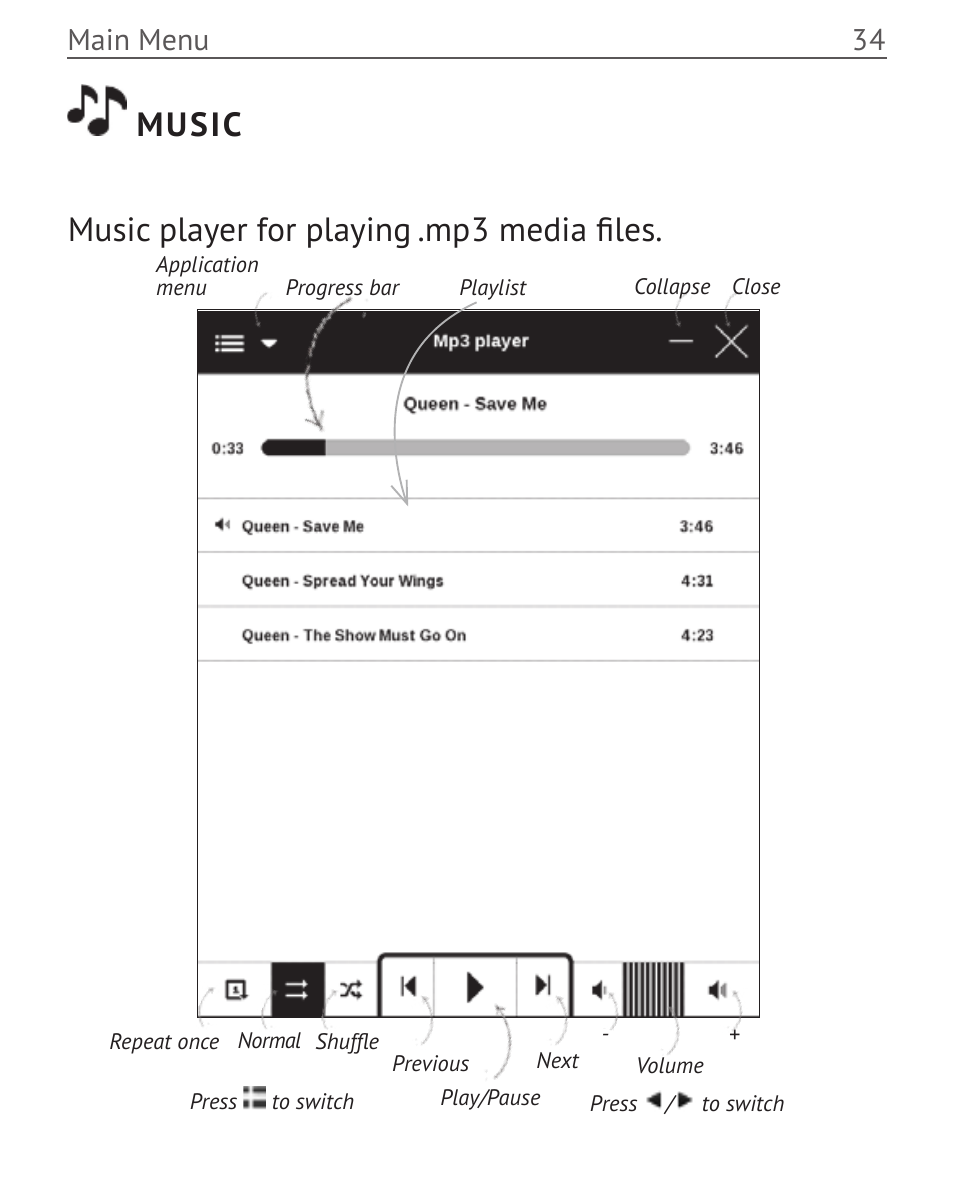 Music, Music 34, Music music player for playing .mp3 media files | Main menu 34 | PocketBook Touch User Manual | Page 34 / 101