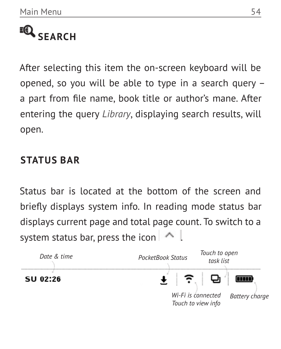 Search, Status bar, Search 54 status bar | PocketBook Touch User Manual | Page 54 / 101