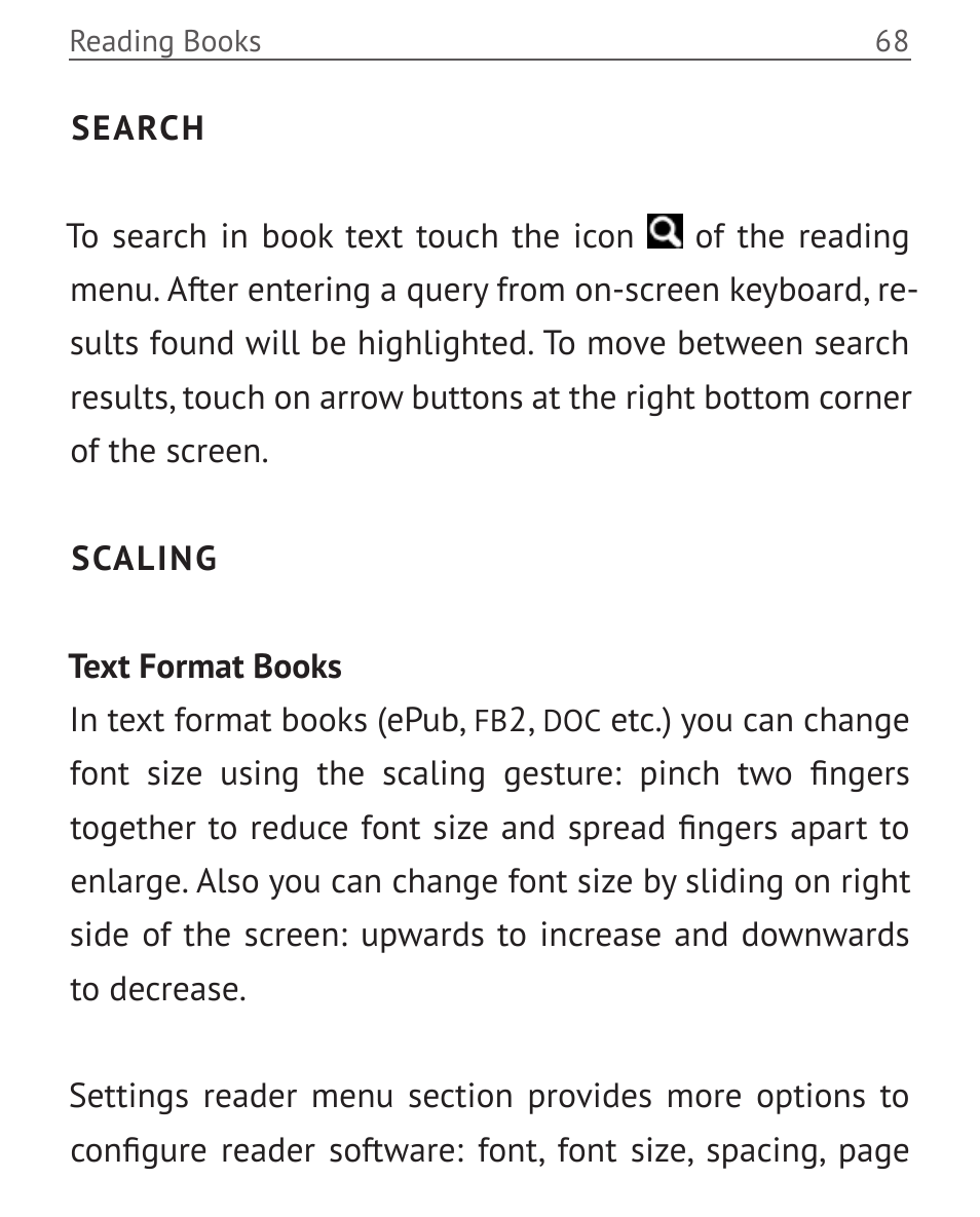 Search, Scaling, Search 68 scaling 68 | PocketBook Touch User Manual | Page 68 / 101