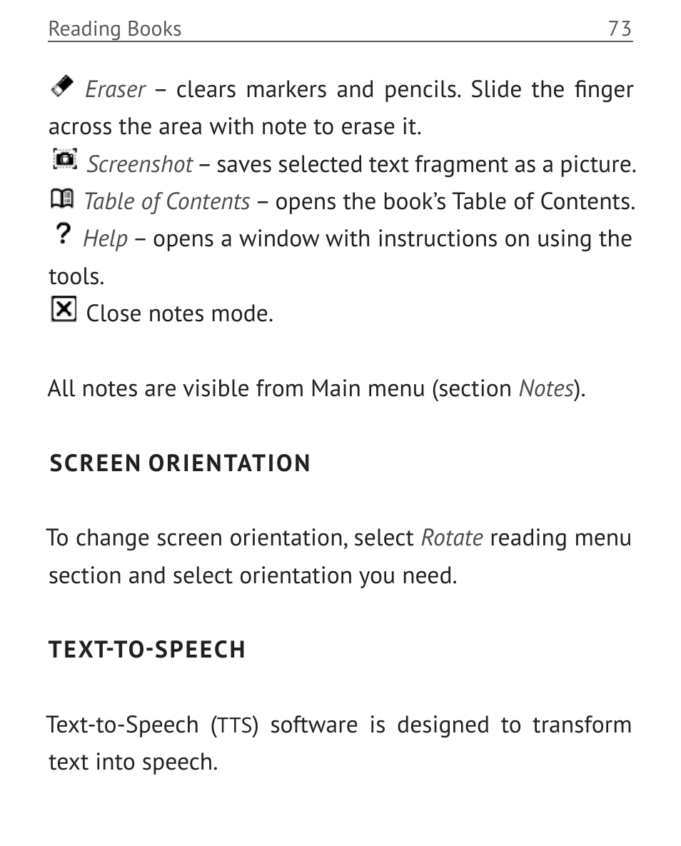 Screen orientation, Text-to-speech, Text-to-speech 73 | PocketBook Touch User Manual | Page 73 / 101