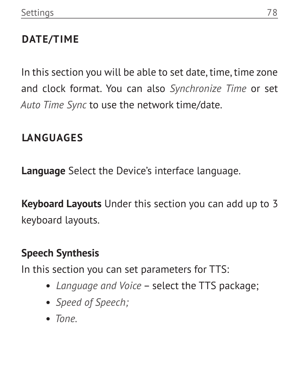 Date/time, Languages, Date/time 78 languages 78 | PocketBook Touch User Manual | Page 78 / 101