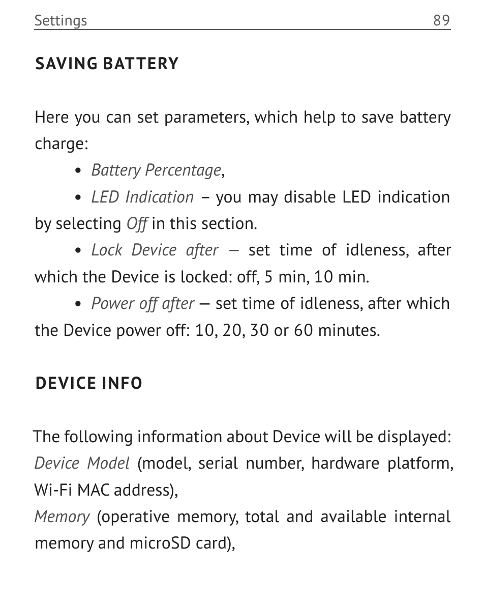 Saving battery, Device info | PocketBook Touch User Manual | Page 89 / 101