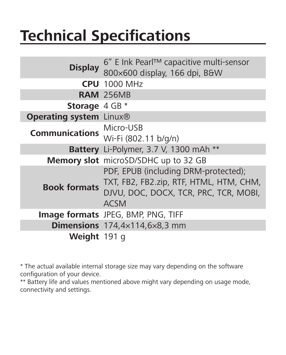 Technical specifications | PocketBook Basic Touch User Manual | Page 12 / 93