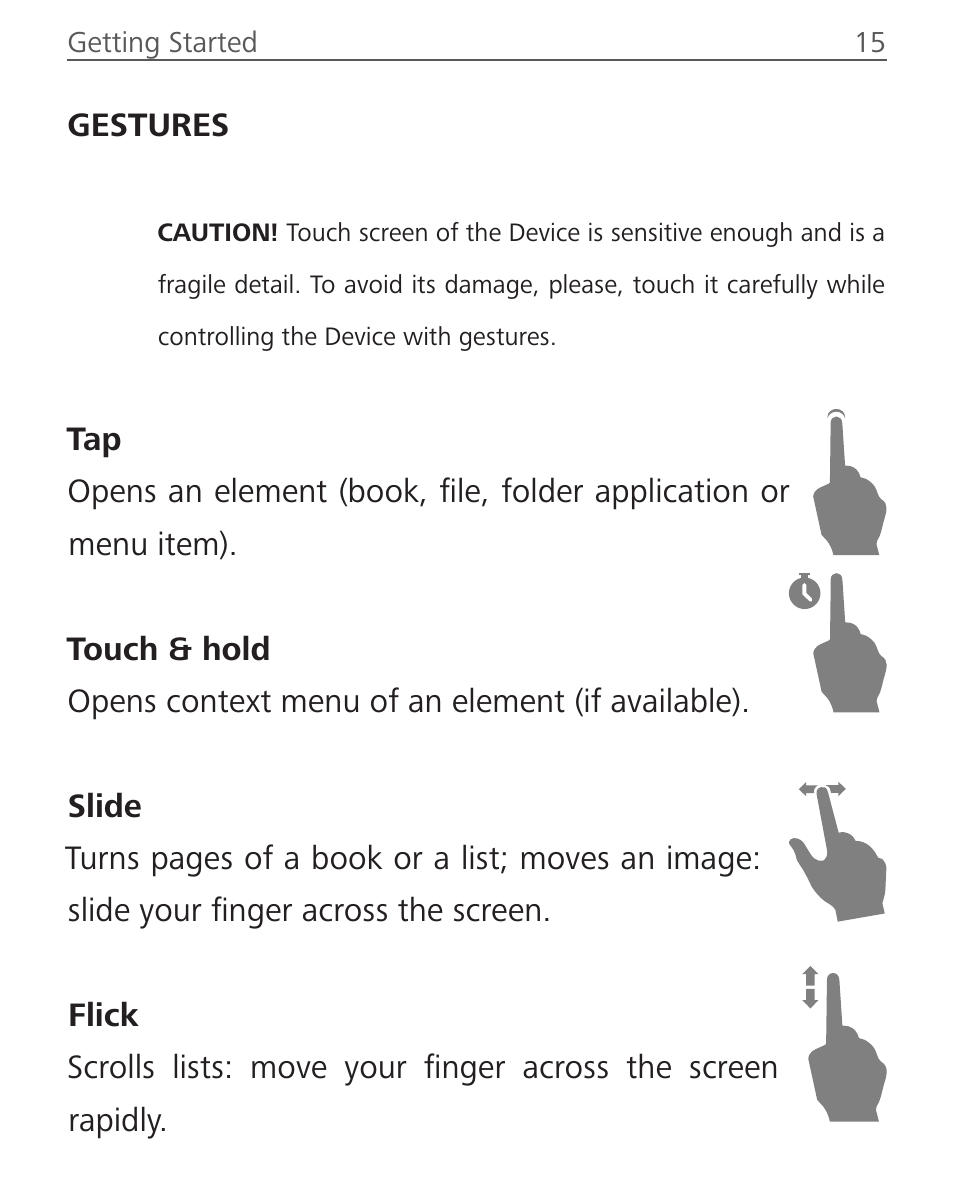 Gestures, Gestures 15 | PocketBook Basic Touch User Manual | Page 16 / 93