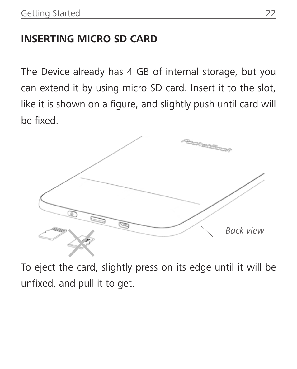 Inserting micro sd card | PocketBook Basic Touch User Manual | Page 23 / 93