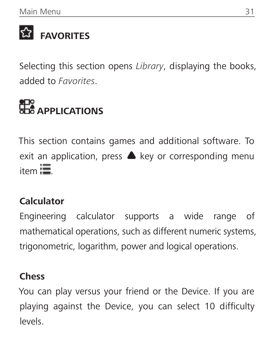 Favorites, Applications, Calculator | Chess, Favorites 32 applications 32, Calculator 32 chess 32 | PocketBook Basic Touch User Manual | Page 33 / 93