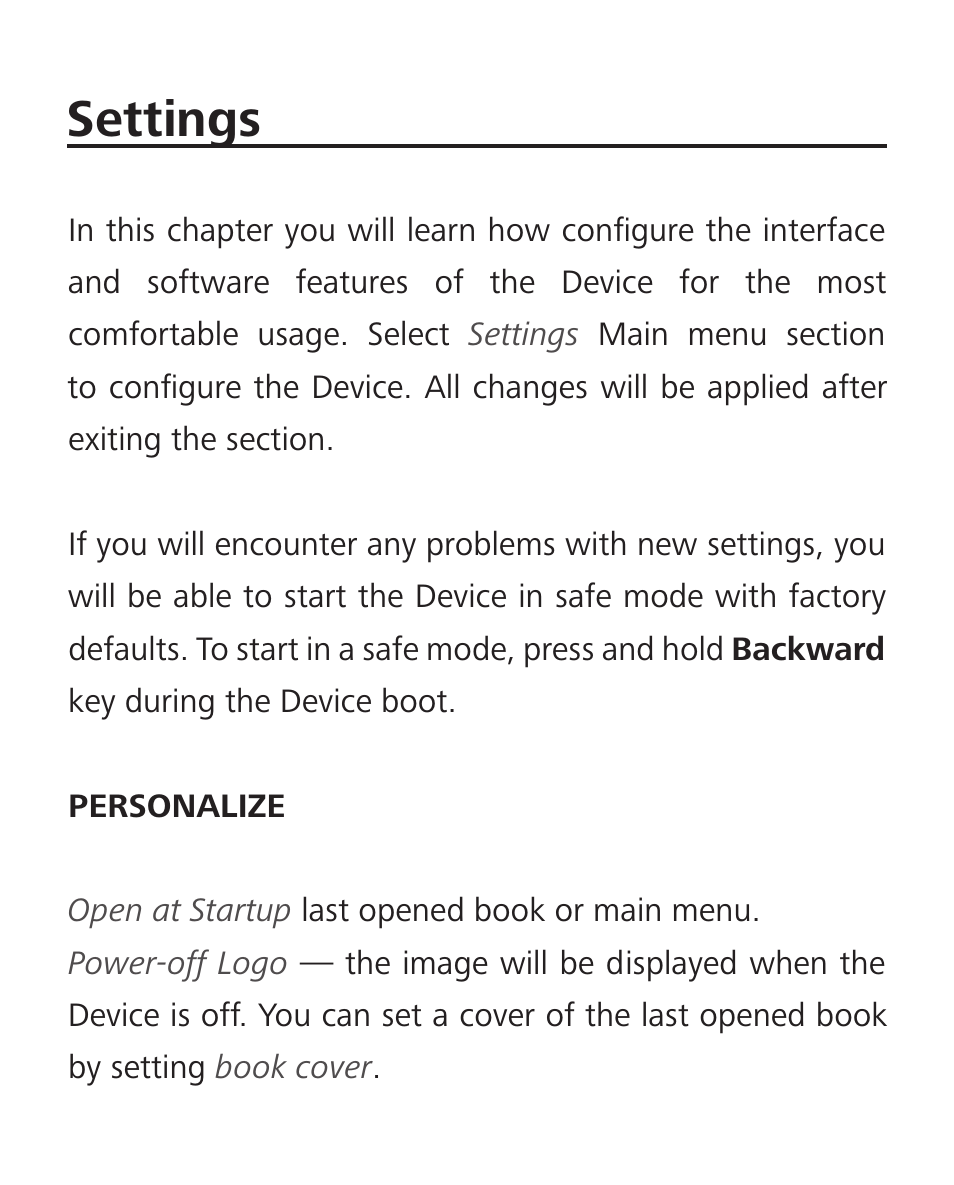 Settings, Frontlight, Personalize | Frontlight 69 personalize 69 | PocketBook Basic Touch User Manual | Page 70 / 93