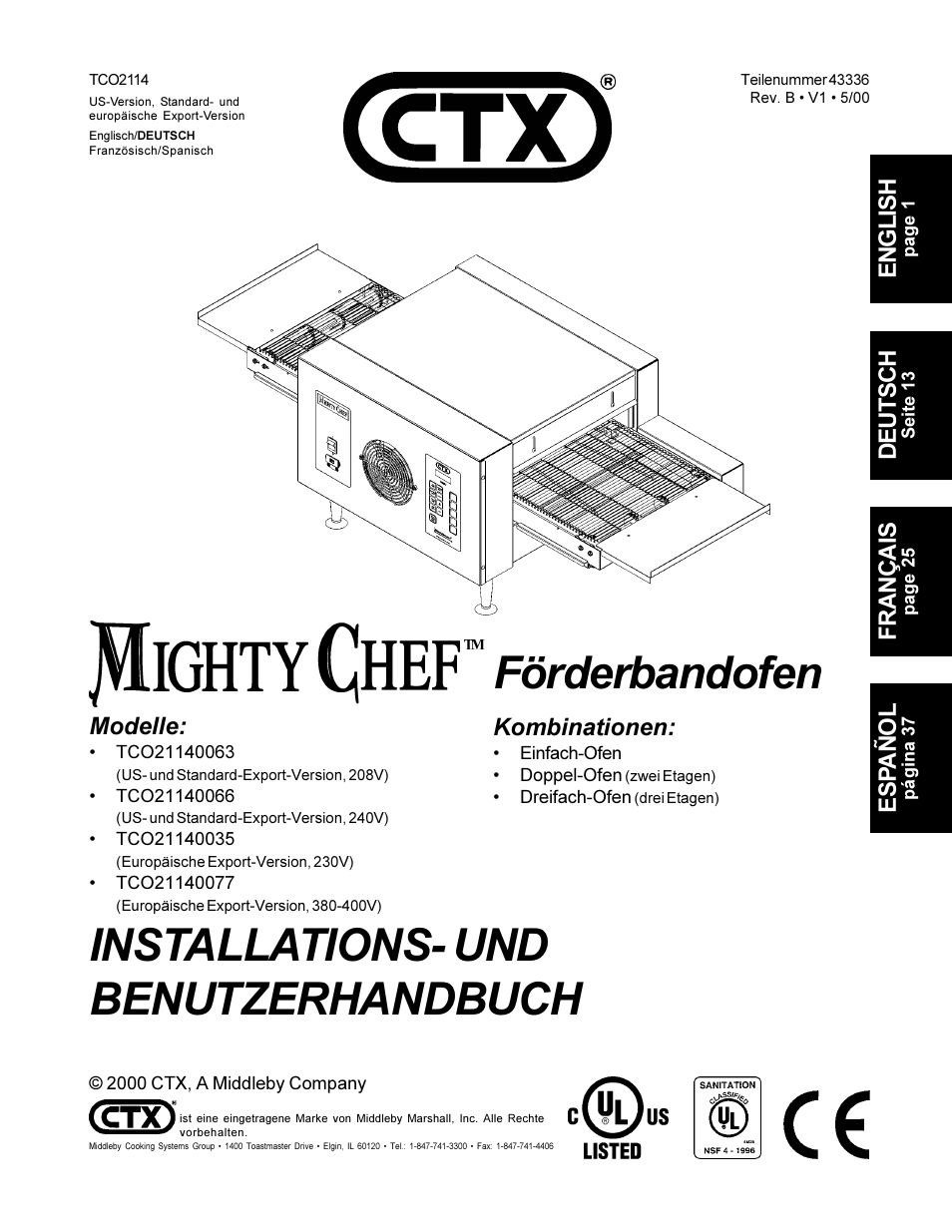 Installations- und benutzerhandbuch, Förderbandofen, English français esp añol | Deutsch, Modelle, Kombinationen | CTX TCO21140063 User Manual | Page 13 / 48