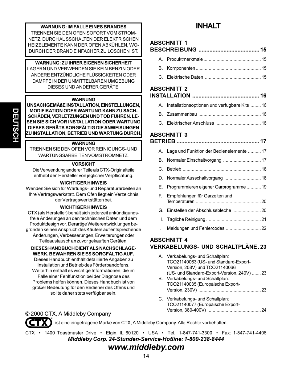 Deutsch, Inhalt | CTX TCO21140063 User Manual | Page 14 / 48