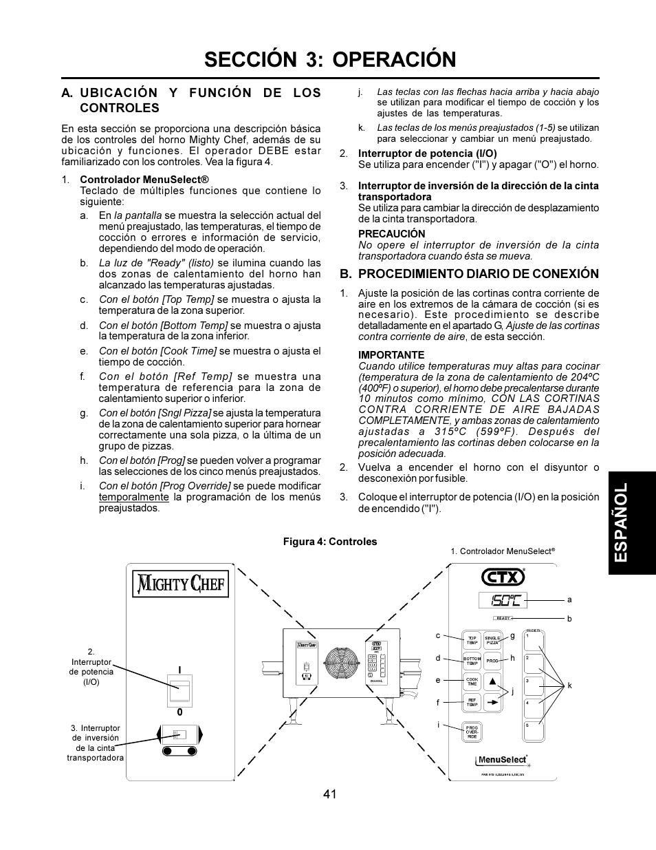 Sección 3: operación, Español, A. ubicación y función de los controles | B. procedimiento diario de conexión | CTX TCO21140063 User Manual | Page 41 / 48