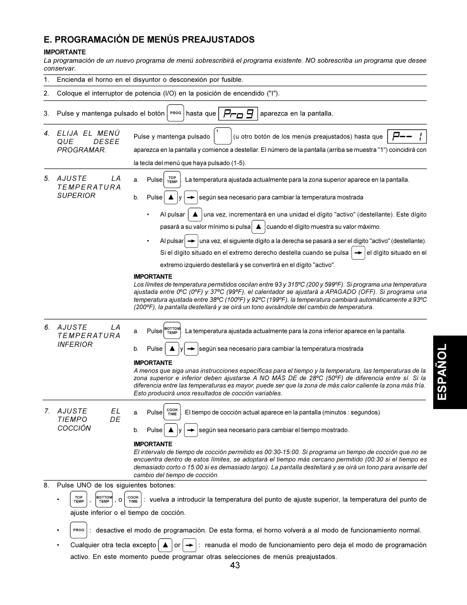 Español, E. programación de menús preajustados | CTX TCO21140063 User Manual | Page 43 / 48