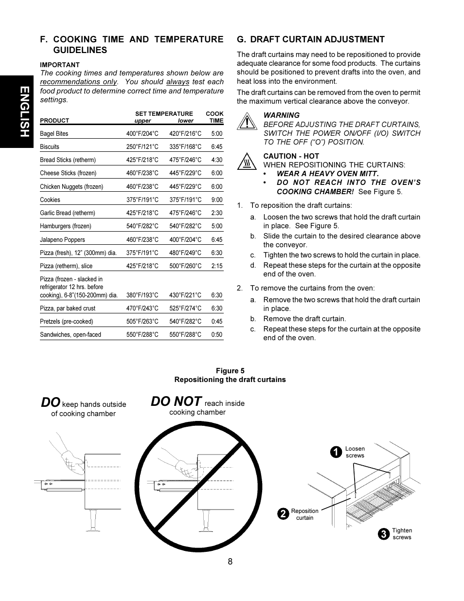 Do not, English, G. draft curtain adjustment | F. cooking time and temperature guidelines | CTX TCO21140063 User Manual | Page 8 / 48