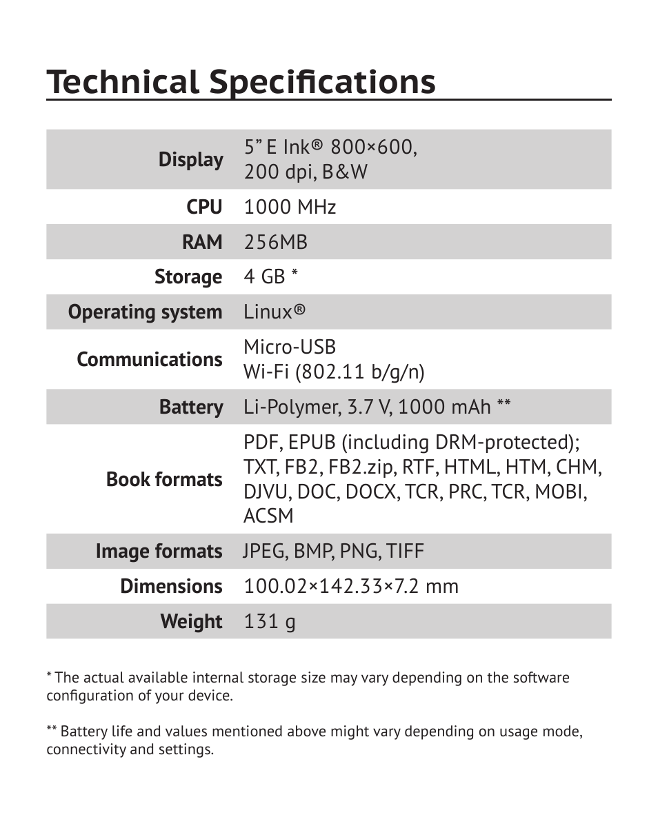 Technical specifications | PocketBook Mini User Manual | Page 12 / 68