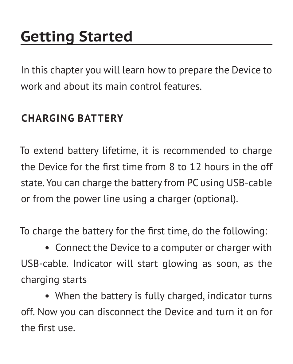 Getting started, Charging battery | PocketBook Mini User Manual | Page 13 / 68