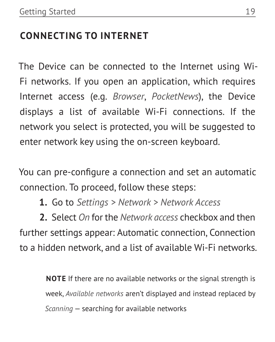 Connecting to internet | PocketBook Mini User Manual | Page 19 / 68