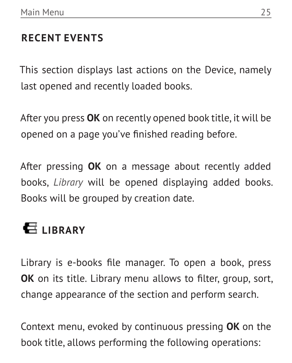 Recent events, Library, Library 25 | PocketBook Mini User Manual | Page 25 / 68