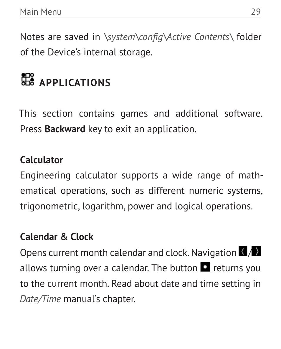 Applications, Calculator, Calendar & clock | Applications 29, Calculator 29 calendar & clock | PocketBook Mini User Manual | Page 29 / 68