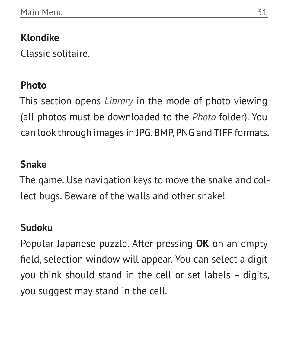 Klondike, Photo, Snake | Sudoku, Klondike 31 photo 31 snake 31 sudoku 31 | PocketBook Mini User Manual | Page 31 / 68