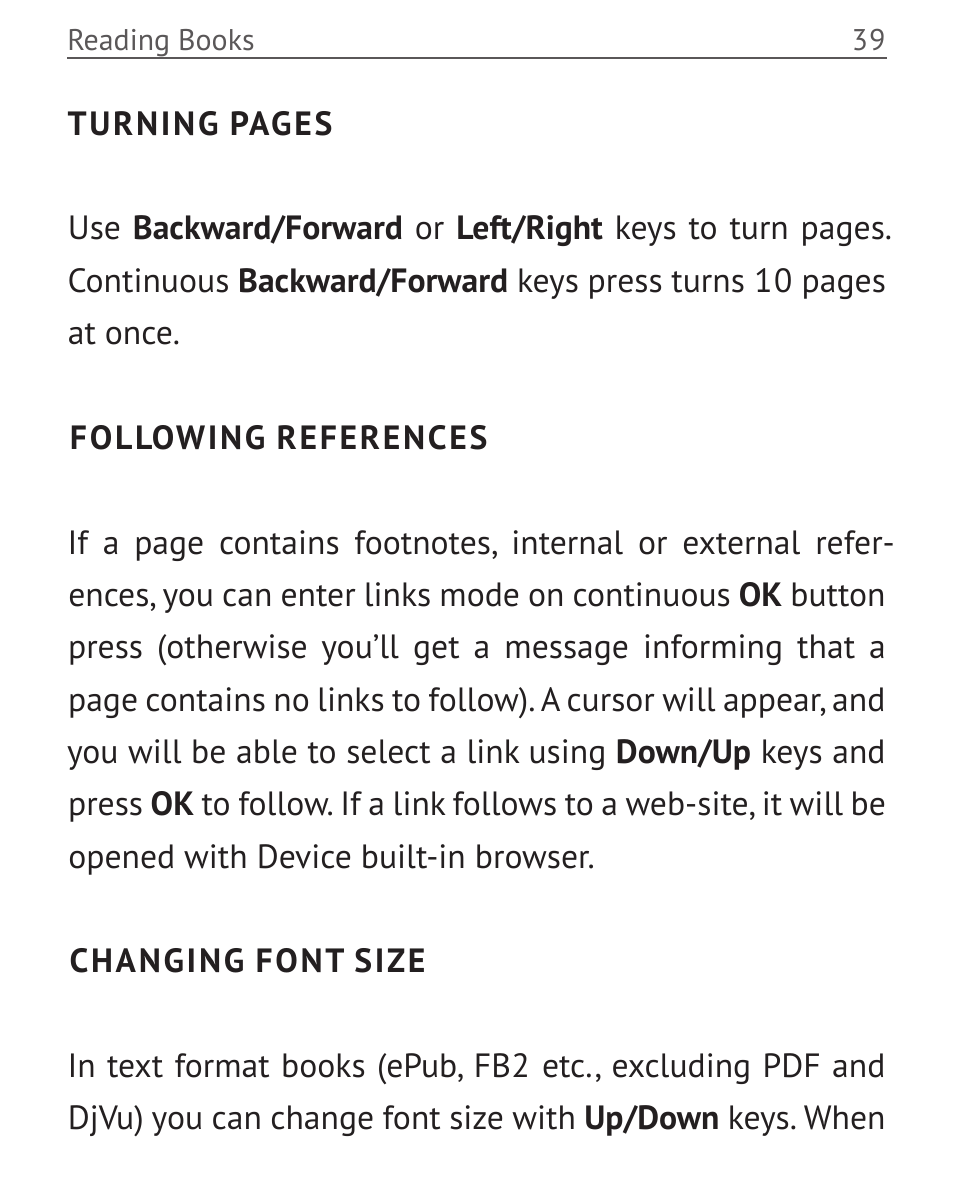 Following references, Changing font size | PocketBook Mini User Manual | Page 39 / 68
