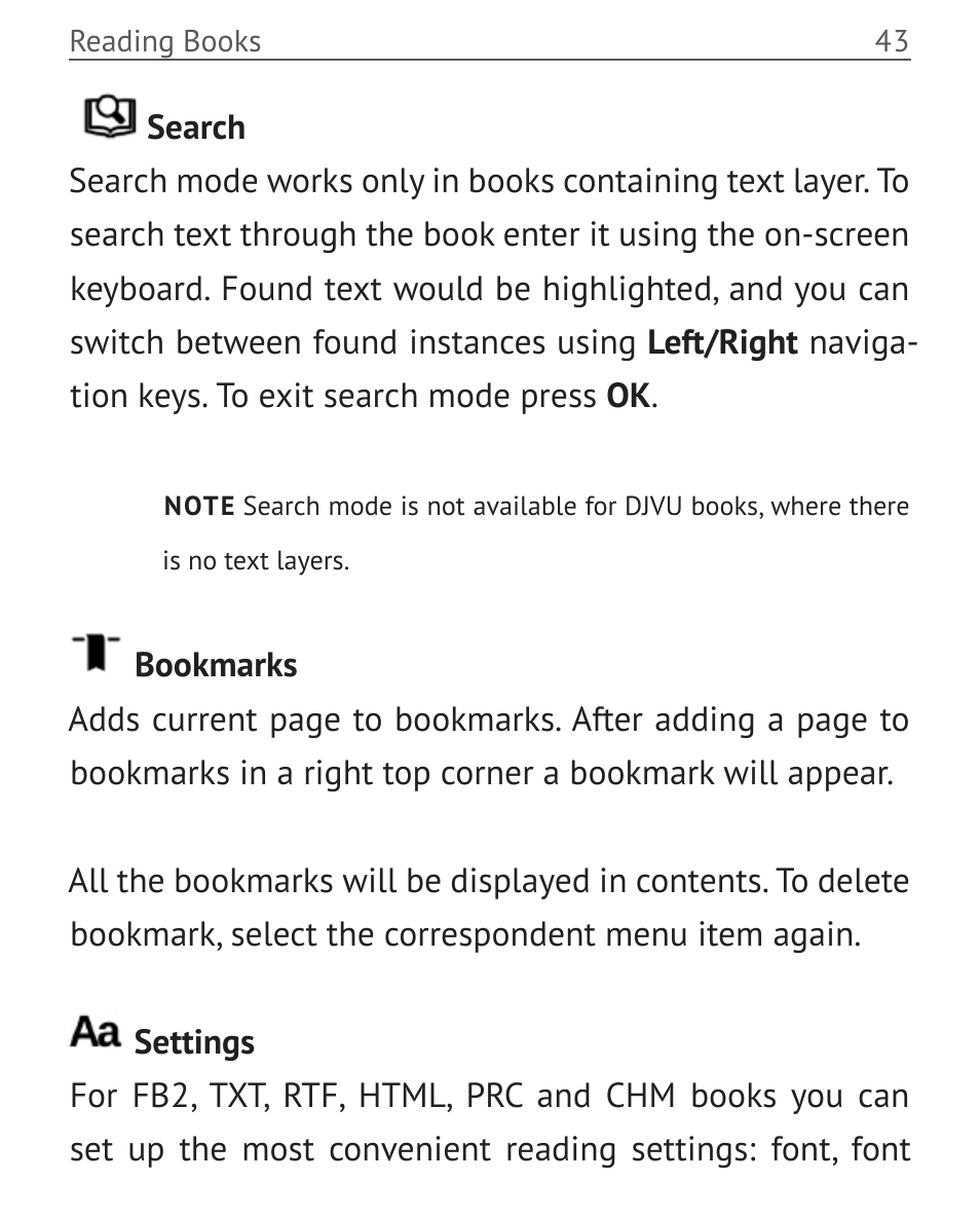 Search, Bookmarks, Settings | Search 43 bookmarks 43 settings 43 | PocketBook Mini User Manual | Page 43 / 68