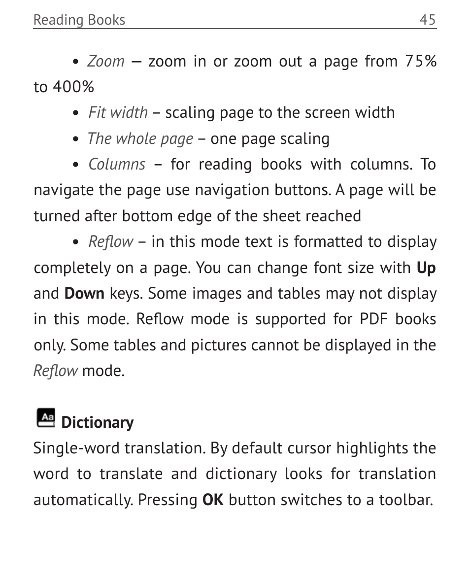 Dictionary, Dictionary 45 | PocketBook Mini User Manual | Page 45 / 68