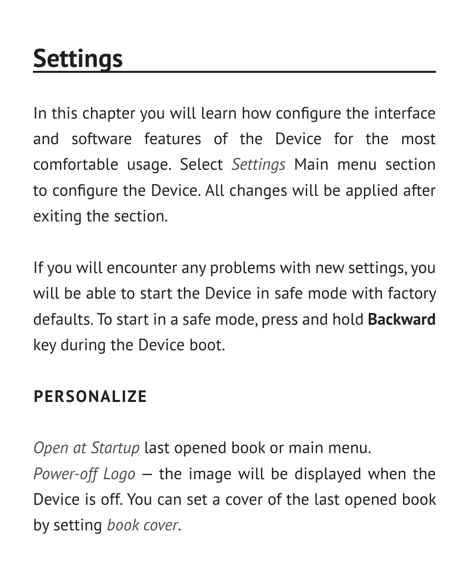 Settings, Personalize, Personalize 48 | PocketBook Mini User Manual | Page 48 / 68