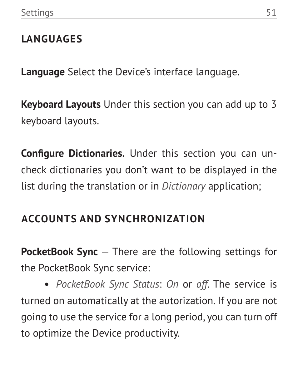 Languages, Accounts and synchronization, Languages 51 accounts and synchronization | PocketBook Mini User Manual | Page 51 / 68