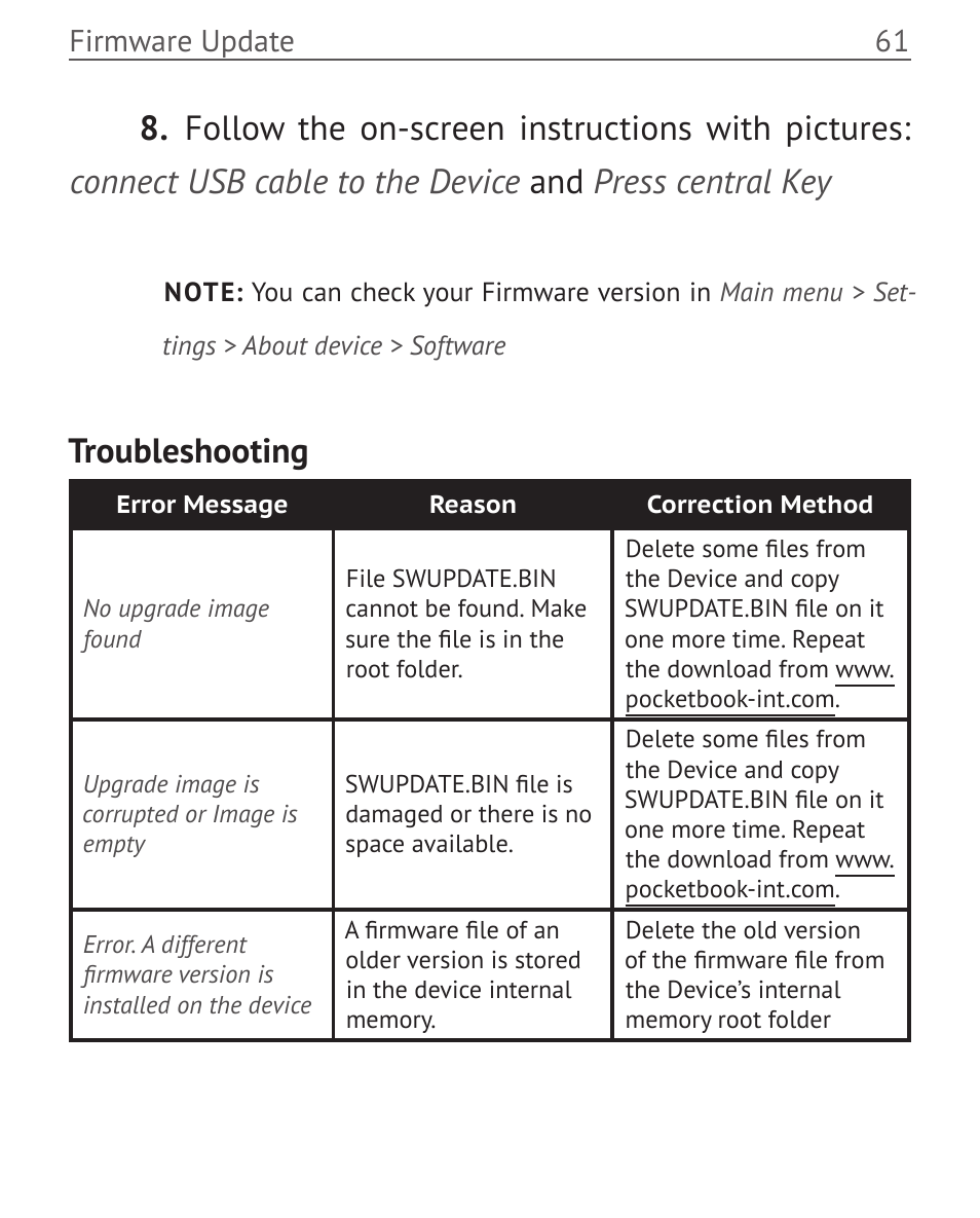 Troubleshooting, Firmware update 61 | PocketBook Mini User Manual | Page 61 / 68
