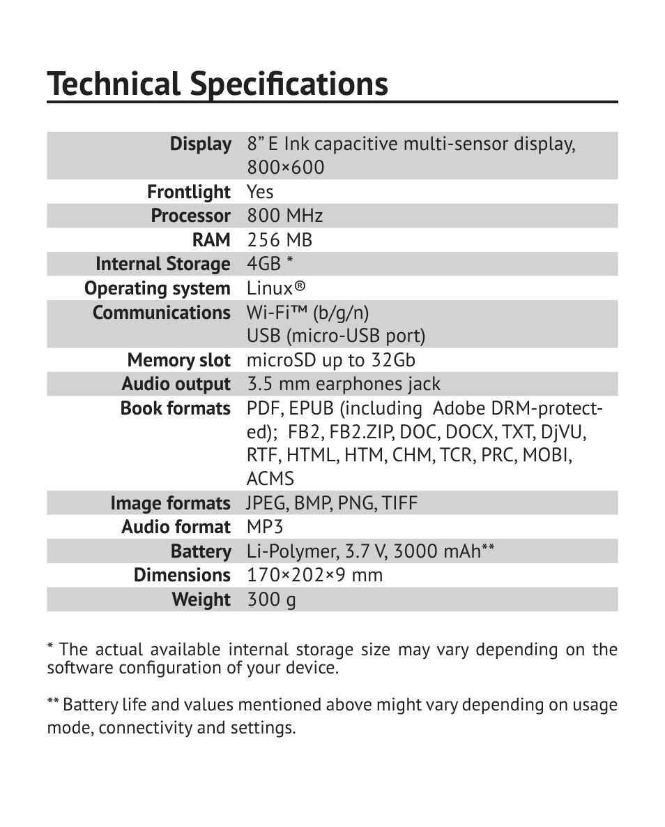 Technical specifications | PocketBook Color Lux User Manual | Page 13 / 89