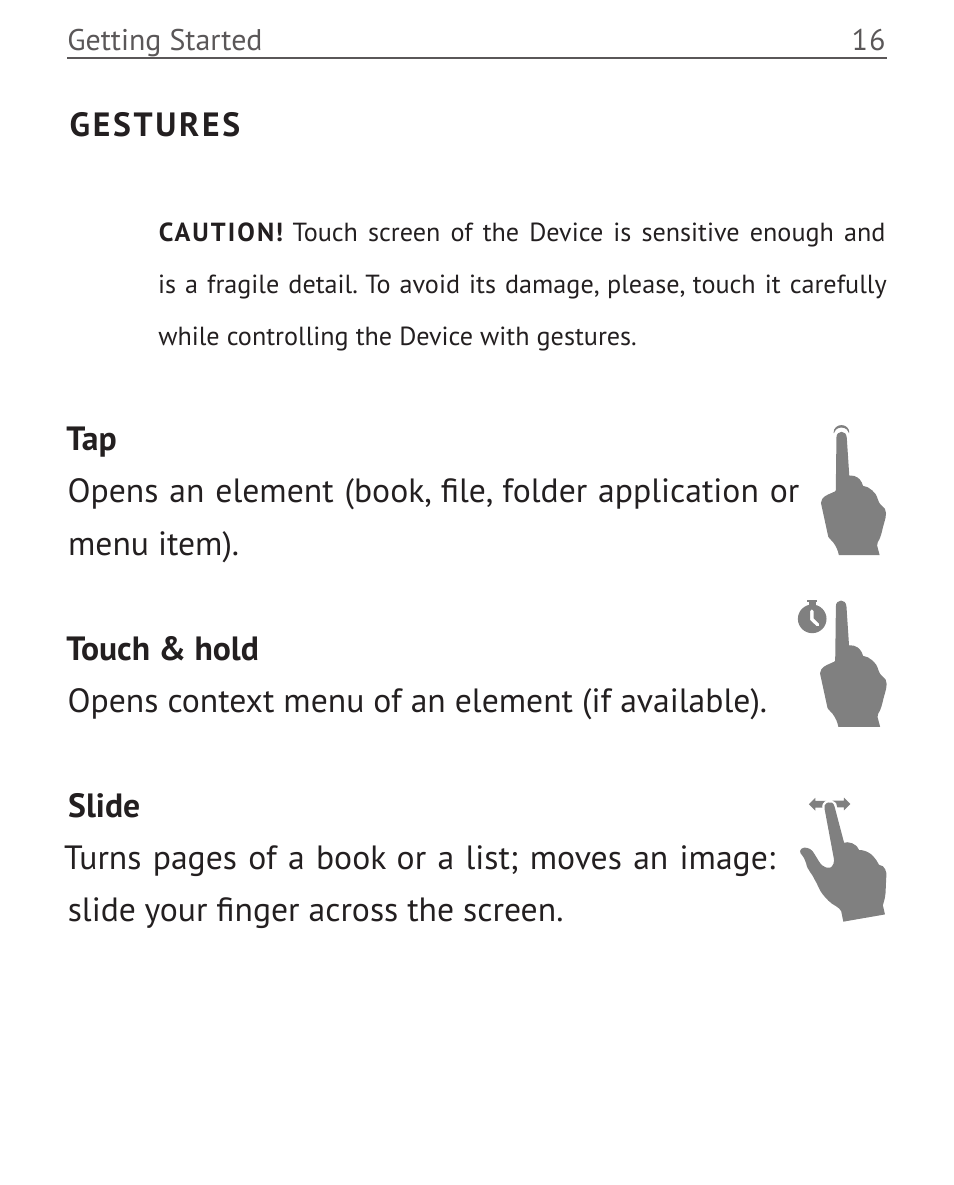 Gestures, Gestures 16 | PocketBook Color Lux User Manual | Page 17 / 89