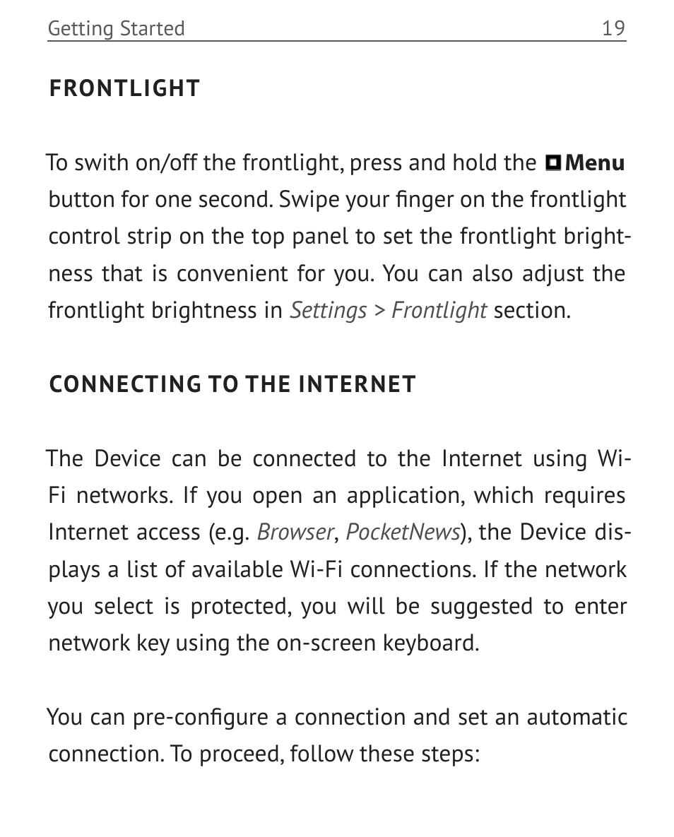 Frontlight, Connecting to the internet, Frontlight 19 connecting to the internet | PocketBook Color Lux User Manual | Page 20 / 89