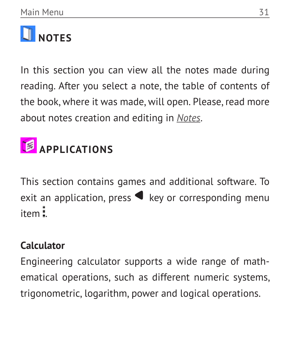 Notes, Applications, Notes 31 applications 31 | PocketBook Color Lux User Manual | Page 32 / 89