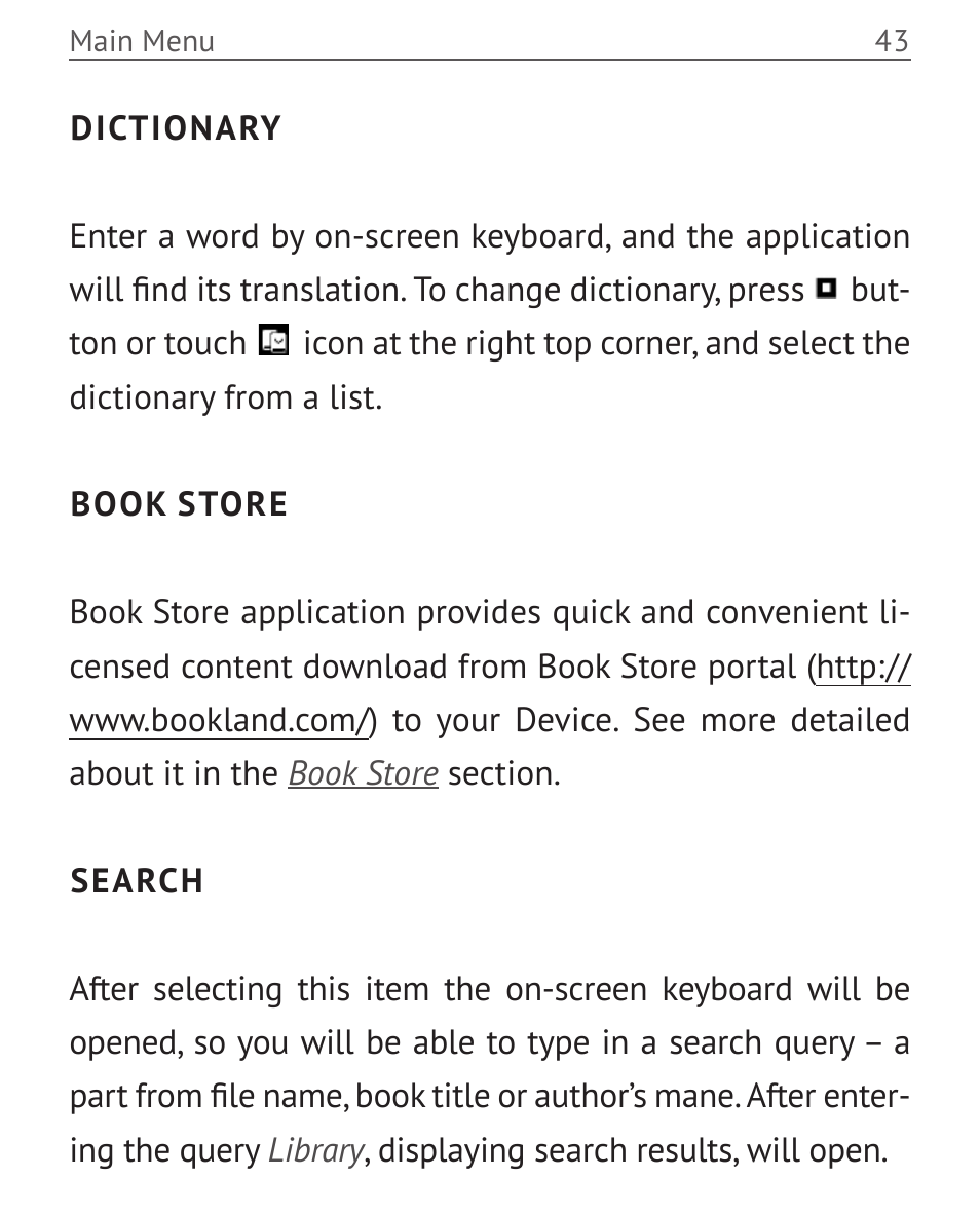 Dictionary, Book store, Search | Dictionary 43 book store, Search 43 | PocketBook Color Lux User Manual | Page 44 / 89