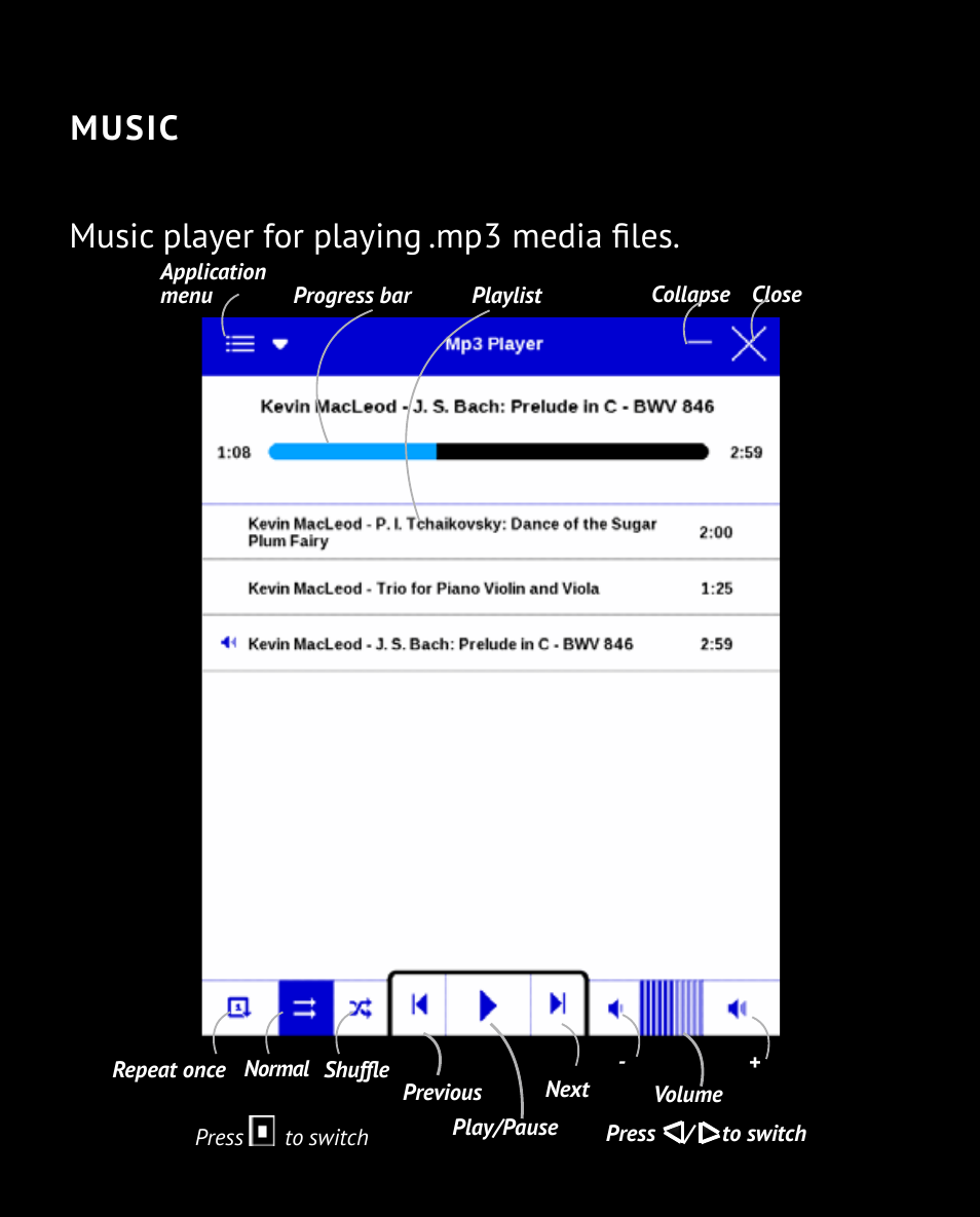 Music, Music 44, Music music player for playing .mp3 media files | Main menu 44 | PocketBook Color Lux User Manual | Page 45 / 89