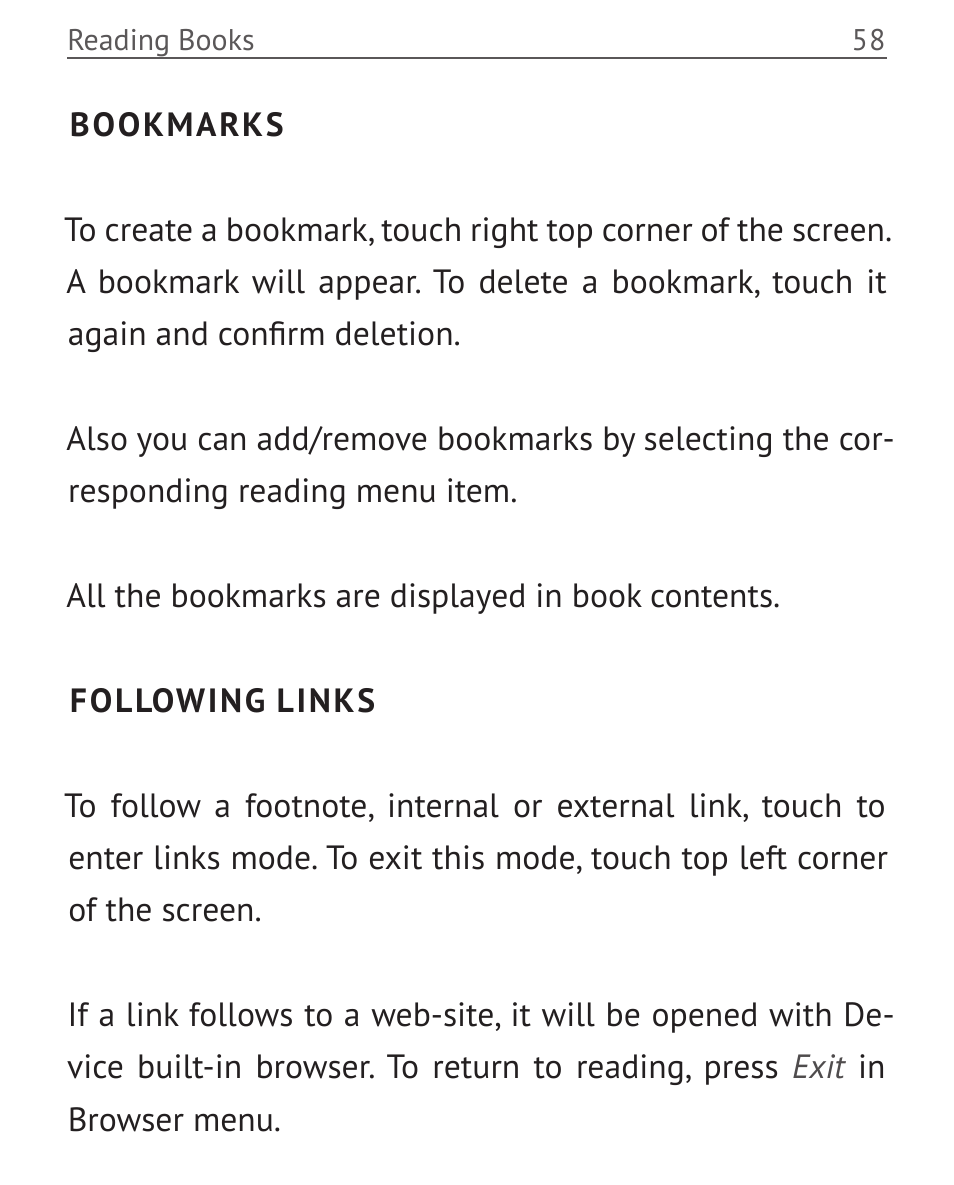 Bookmarks, Following links, Bookmarks 58 following links | PocketBook Color Lux User Manual | Page 59 / 89